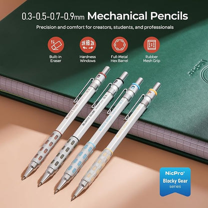 Nicpro 4 Pack Blocky Gear 0.3, 0.5, 0.7, 0.9 mm Metal Mechanical Pencils Set with Case, Lead Drafting Pencil with 8 Tube Lead Refills(HB 2B), Erasers, Eraser Refills for Art Writing Sketching Drawing