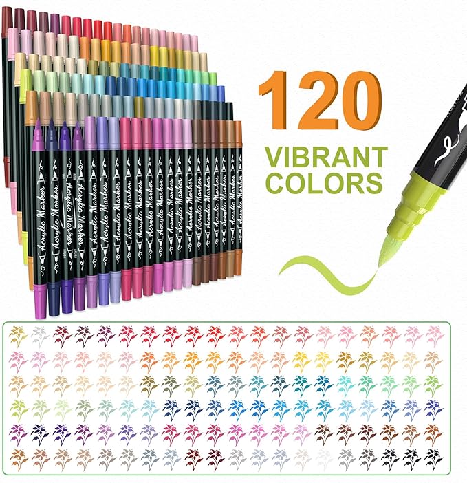 120 Colors Acrylic Paint Markers Waterproof Dual Tip Acrylic Paint Pens with Brush & Fine Tip Professional Marker Set Scrapbook Markers for Paper Rock Wood Fabric Glass Ceramic and DIY Crafts