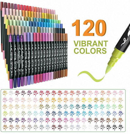 120 Colors Acrylic Paint Markers Waterproof Dual Tip Acrylic Paint Pens with Brush & Fine Tip Professional Marker Set Scrapbook Markers for Paper Rock Wood Fabric Glass Ceramic and DIY Crafts