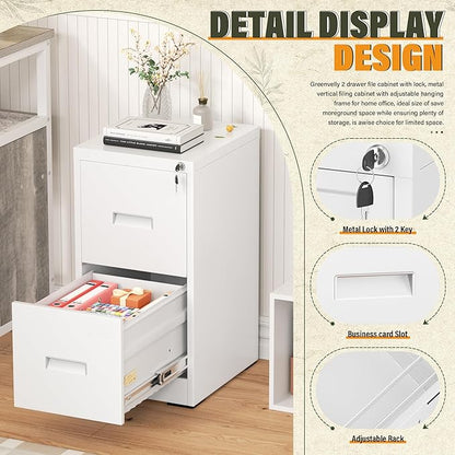 Greenvelly 2 Drawer Metal File Cabinet with Lock, White Vertical Filing Cabinet for Home Office, Lockable Metal File Cabinet for Hanging Letter/Legal Folders, Easy Assemble