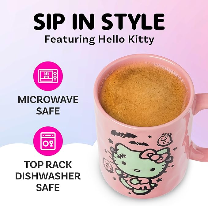 Silver Buffalo Sanrio Hello Kitty Halloween Frankenstein Wax Resist Ceramic Pottery Mug, 17 Ounces