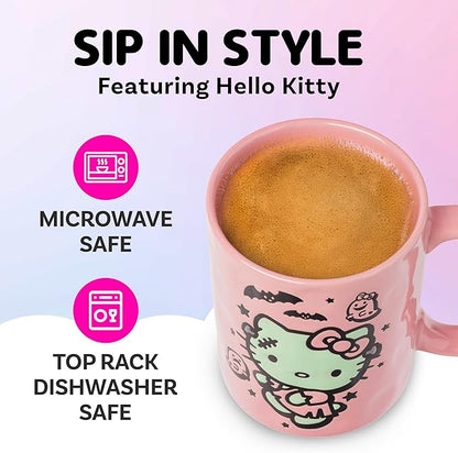 Silver Buffalo Sanrio Hello Kitty Halloween Frankenstein Wax Resist Ceramic Pottery Mug, 17 Ounces