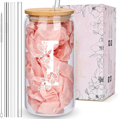 Personalized Tumbler, Monogrammed Can Glass Cups with Bamboo Lids and Straws, Customized Gifts for Women, Cute Design Initial Iced Coffee glasses, Custom Letter Mug, Birthday Bridesmaid, I