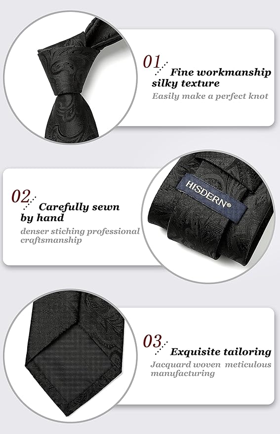 HISDERN Men Floral Ties Woven Classic 3.4" Necktie Set Formal Tie Pocket Square for Wedding with Handkerchief Gift Box
