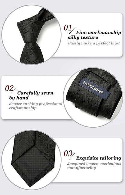 HISDERN Men Floral Ties Woven Classic 3.4" Necktie Set Formal Tie Pocket Square for Wedding with Handkerchief Gift Box