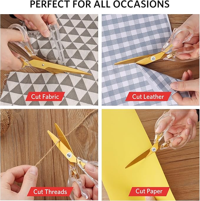 Acrylic Scissors, Ultra-Sharp Titanium Coated Blades and Ergonomic Clear Handle, Clear Gold Sscissors for Office Desk, Modern Design for Craft, Sewing, Office & Home, Set of 4, Gold