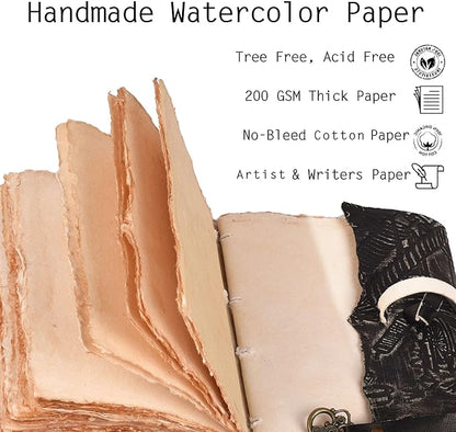 LEATHER VILLAGE Genuine Leather Handmade Journal for Men & Women – Vitruvian Man Embossed Cover – Key Closure – Book of Shadow – Vintage Deckle Edge Paper for Writing, Drawing – 7x5 Inches – Black