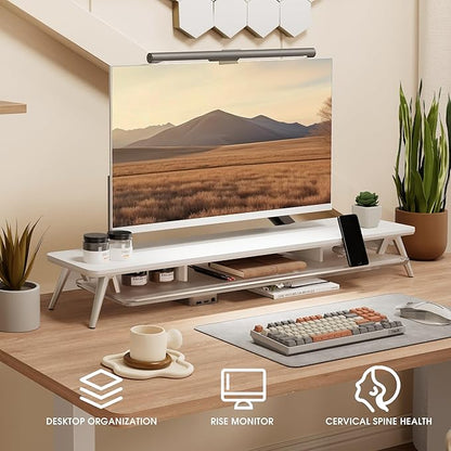 Fenge Dual Monitor Stand for Desk, 2 Tiers Monitor Riser with Acrylic Shelf, 42.5 Inch Wood and Aluminum Desk Shelf with Phone and Tablet Holder