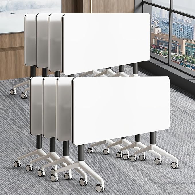 Conference Table, Folding Conference Room Table On Wheels Foldable Office Conference Table Moderen Modular Conference Training Table for Classroom Meeting(White Black 55IN 8PCS)