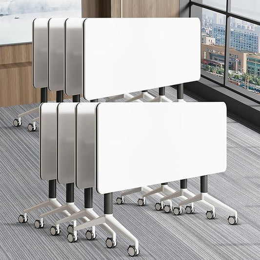Conference Table, Folding Conference Room Table On Wheels Foldable Office Conference Table Moderen Modular Conference Training Table for Classroom Meeting(White Black 55IN 8PCS)