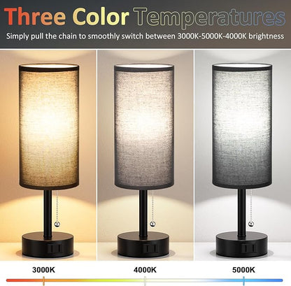 Fenmzee Black Bedside Table Lamps Set of 2-3 Color Temperatures Pull Chain Lamp with AC Outlet Charging Port, Round Night Stand Lamps for Bedroom Office, Small Bed Side Light with E26 LED Bulbs