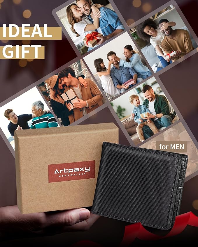 Mens Wallet Bifold Genuine Leather RFID Blocking Wallet for Men with 2 ID Windows 11 Card Holders 2 cash pockets 1 Gift Box