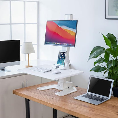 Mount-It! Electric Standing Desk Converter, Adjustable Tabletop Sit Stand Desk Riser with Single Monitor Mount for Monitors up to 32", Freestanding 28" Wide Platform Rises up to 20.75" White