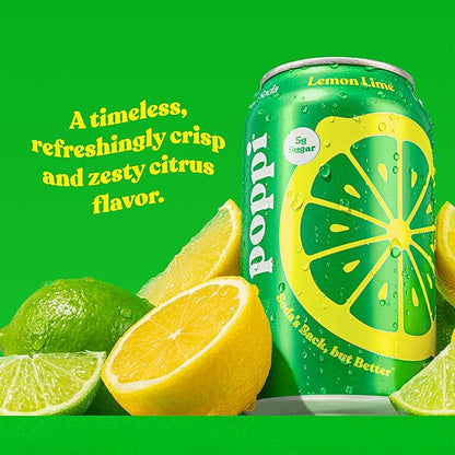 Poppi Sparkling Prebiotic Soda Beverage with Apple Cider Vinegar, Seltzer Water and Fruit Juice, Lemon Lime Flavor, 12 Fl Oz, Pack of 12, Packaging May Vary