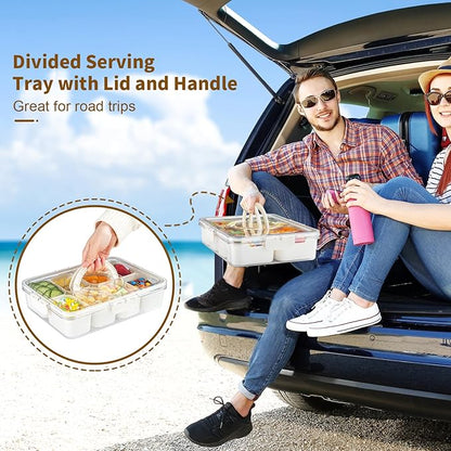 Divided Serving Tray Fresh-keeping Box with Lid&Handle，8 Compartments Snackle Box Charcuterie Container,Snack Box Container for Adults,Travel Snack Tray with Lid for Fruit,Vegetable,Candy,（2 Pack）