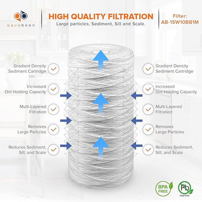 Aquaboon 1 Micron String Wound Water Filter 10x4.5 Replacement - Whole House Water Filter Cartridge Compatible with WP5BB97P,WP10BB97P, AP810, 20-Pack