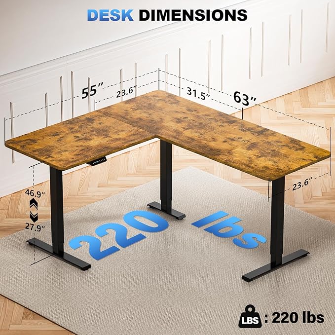 63″ L Shaped Standing Desk, Electric Adjustable Height with A/C Charging Port, Large Corner Desk & Storage, Sit Stand Computer Table, Raised L-Shaped Workstation with Splice Board for Home Office