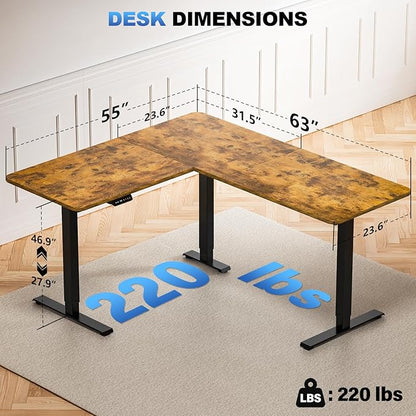 63″ L Shaped Standing Desk, Electric Adjustable Height with A/C Charging Port, Large Corner Desk & Storage, Sit Stand Computer Table, Raised L-Shaped Workstation with Splice Board for Home Office