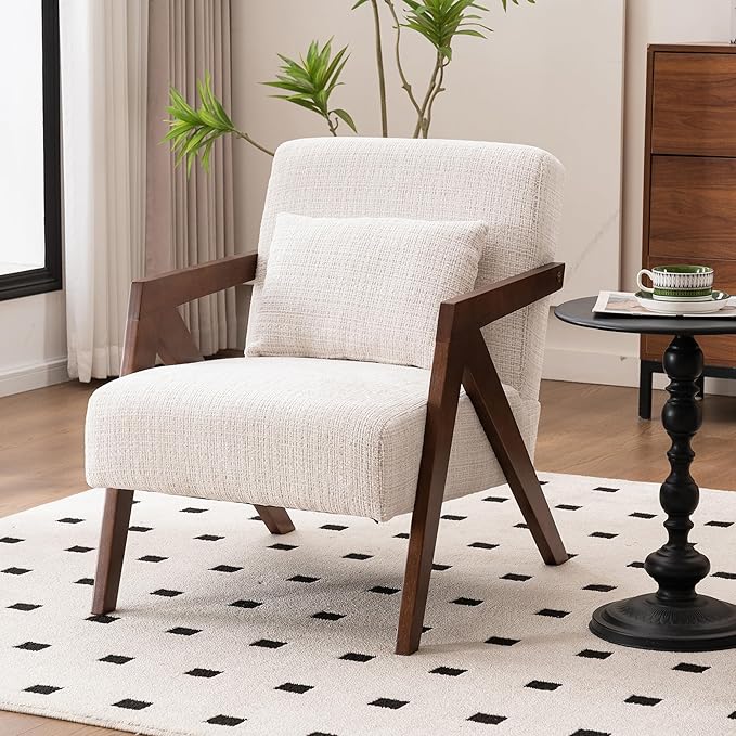 Mid Century Modern Accent Chair with Solid Wood Frame，Upholstered Chenille Living Room Arm Chairs with Pillow for Bedroom, Living Room, Reading Room, Balcony (1, Beige)