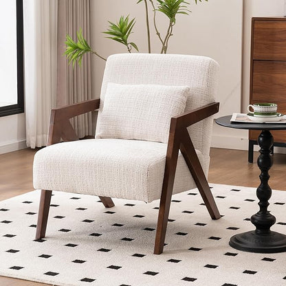 Mid Century Modern Accent Chair with Solid Wood Frame，Upholstered Chenille Living Room Arm Chairs with Pillow for Bedroom, Living Room, Reading Room, Balcony (1, Beige)