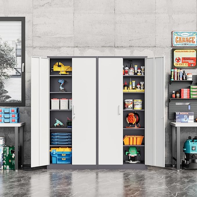 Metal 71' TallFile Cabinet with 5 Adjustable Shelves, Lockable Doors - Gray&White Steel Storage Cabinets for Home, School, Office, Garage