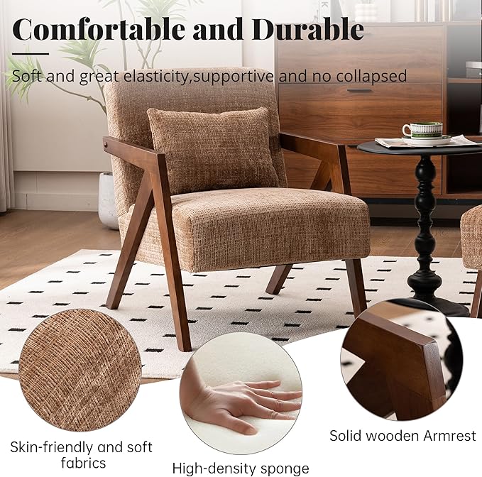 Mid Century Modern Accent Chair with Solid Wood Frame，Upholstered Chenille Living Room Arm Chairs with Pillow for Bedroom, Living Room, Reading Room, Balcony (1, Brown)