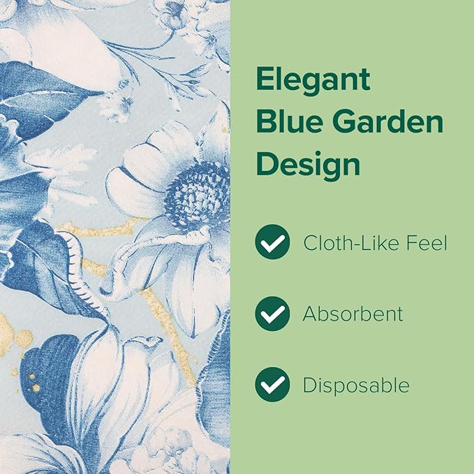 SimuLinen Blue Garden Floral Disposable Hand Towels for Bathroom, Single-Use Linen-Feel Guest Towels, Hand Tissue Paper, Cloth-Like Paper Napkins, Pack of 100