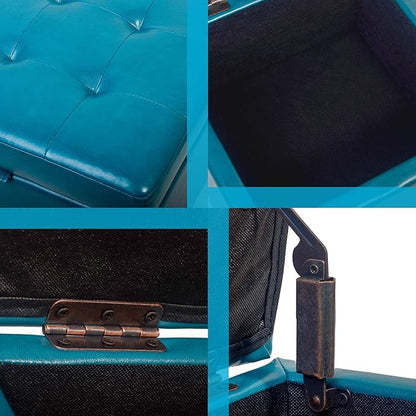 H&B Luxuries Tufted Leather Square Flip Top Storage Ottoman Cube Foot Rest (Blue with Storage)