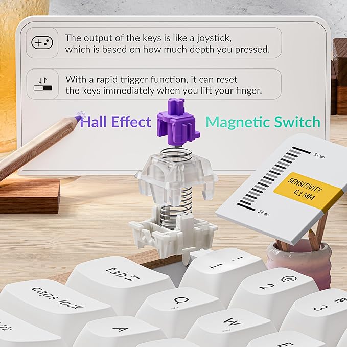 Keychron K6 HE 65% Wireless Mechanical Keyboard, 2.4GHz & Bluetooth, Gateron Double-Rail Magnetic Switch, Double-Shot PBT Keycaps, Aluminum & Wooden Frame, Compatible with Windows/Mac – White