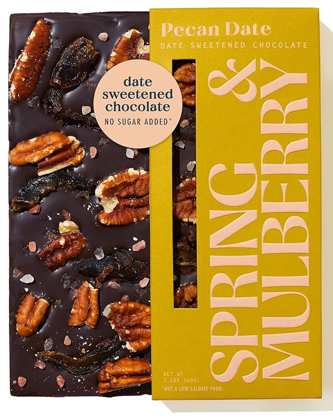 Spring & Mulberry Dark Chocolate Bars – Healthy Dark Chocolate, Date-Sweetened - Pecan Date 12 Pack