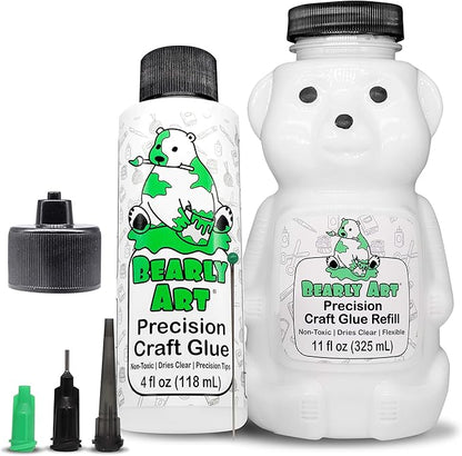 Bearly Art Precision Craft Glue -The Bundle - 4fl oz and 11fl oz Refill Bear - Tip Kit Included - Wrinkle Resistant - Flexible and Crack Resistant - Strong Hold Adhesive - Made in USA
