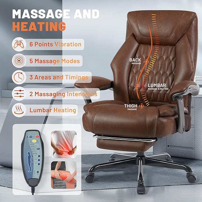 Massage Office Chair with Heating Function & Footrest, 6-Point Vibration, Ergonomic Executive Reclining Desk Chair with Padded Seat for Relaxation, Comfort & Stress Relief