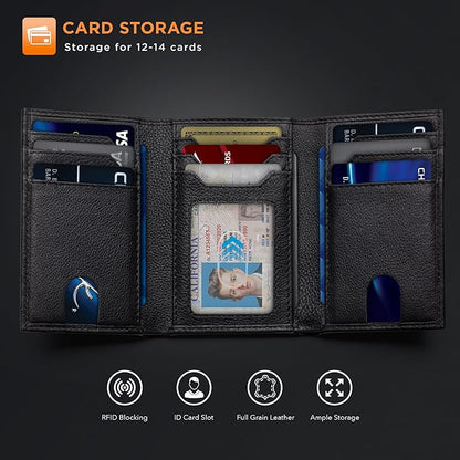 SERMAN BRANDS Trifold Wallet for Men - RFID Blocking Genuine Leather, 11 Card Slots & ID Window, Slim Everyday Carry, Durable Stitching, Gift for Him