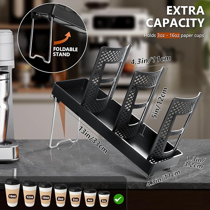 Paper Cup and Lid Holder, Disposable Coffee Cup Dispenser, 3-Slot Upright Paper Cup Dispenser for Coffee Stations, Kitchens, Bars, Restaurants, Lounges (Black)