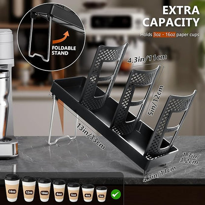 Paper Cup and Lid Holder, Disposable Coffee Cup Dispenser, 3-Slot Upright Paper Cup Dispenser for Coffee Stations, Kitchens, Bars, Restaurants, Lounges (Black)