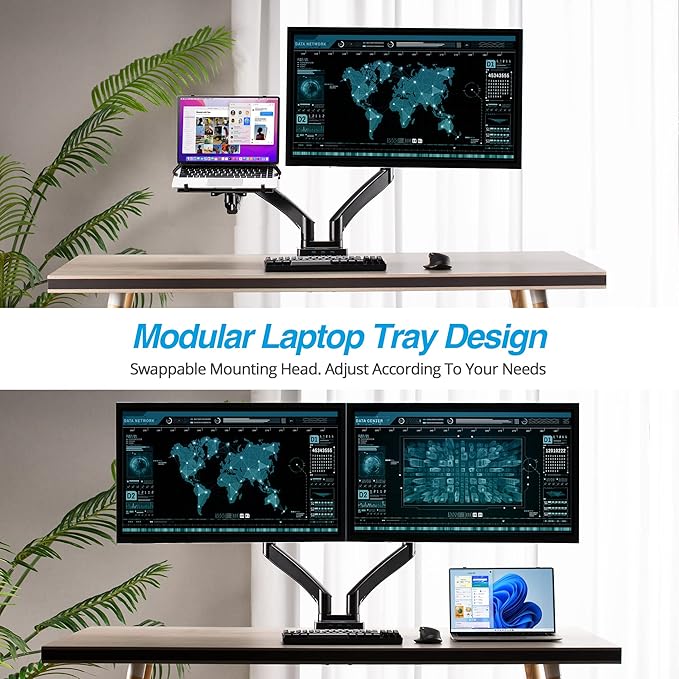 AVLT Dual 17”-43" Monitor Arm Desk Mount with 15" Laptop Tray and USB-C Docking Station, HDMI 4K60Hz, USB-A 5Gbps, Ethernet, 100W PD, Fits Two Flat/Curved Monitor - Black