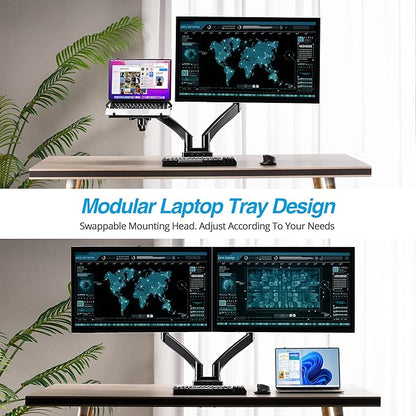 AVLT Dual 17”-43" Monitor Arm Desk Mount with 15" Laptop Tray and USB-C Docking Station, HDMI 4K60Hz, USB-A 5Gbps, Ethernet, 100W PD, Fits Two Flat/Curved Monitor - Black