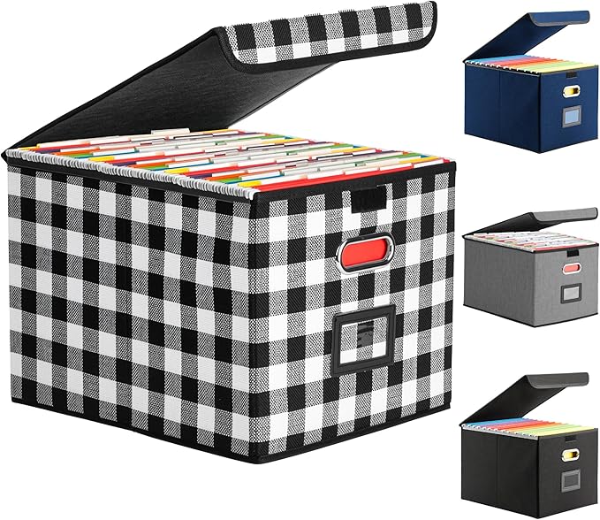 Collapsible File Box with Lid & Plastic Slide - Hanging Document Organizer for Office/Home, 14.96x12.6x10.83 Inch,Decorative Home File Bin,Black and White Lattice, 1 Pack