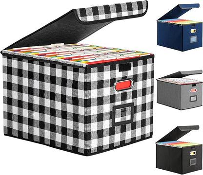 Collapsible File Box with Lid & Plastic Slide - Hanging Document Organizer for Office/Home, 14.96x12.6x10.83 Inch,Decorative Home File Bin,Black and White Lattice, 1 Pack