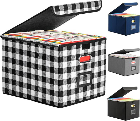 Collapsible File Box with Lid & Plastic Slide - Hanging Document Organizer for Office/Home, 14.96x12.6x10.83 Inch,Decorative Home File Bin,Black and White Lattice, 1 Pack