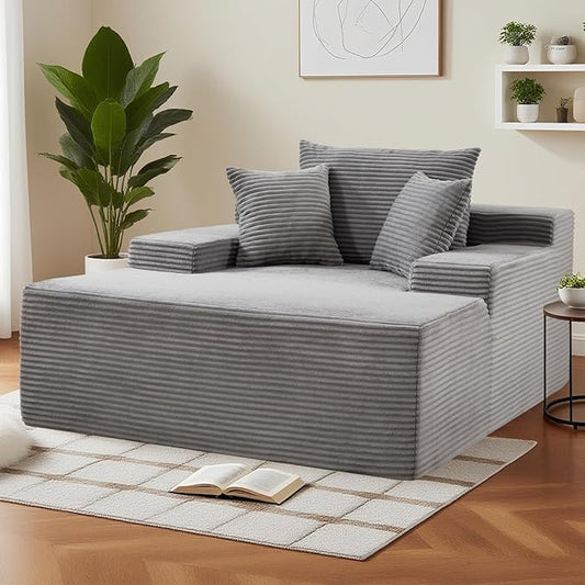 49" Chaise Lounge Chair Indoor, Oversized Wide Arm Boneless Sofa Bed with Plush Corduroy & High-Density Foam, No Assembly Cloud Couch for Living Room, Bedroom, Reading Nap (Gray)