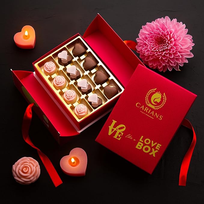 Carian’s Bistro Belgian Chocolate Gift Box of Love, Luxury Milk Chocolates with Strawberry and Hazelnut Cream, Great For Gift Giving, Christmas, Thanksgiving and Anniversary for Lovers, 12 pc.