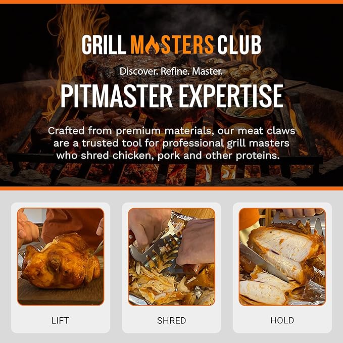 Grill Masters Club Meat Claws | Stainless Steel Pulled Pork Shredding Claws with Wooden Handle | BBQ Meat Claw for Shredding, Lifting & Serving Pork, Brisket | Perfect Grilling Gift for Men & Women