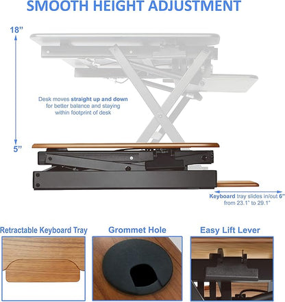 Rocelco 32" Height Adjustable Standing Desk Converter BUNDLE - Sit Stand Computer Workstation Riser with Anti Fatigue Mat - Dual Monitor Retractable Keyboard Tray - Teak Wood Grain (R EADRT-MAFM)