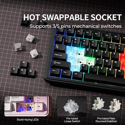 x XVX M75 75% Wireless Gaming Mechanical Keyboard, BT5.0/2.4GHz/USB-C,Hot Swappable Creamy Pre-lubed Switches, Gasket Structure,RGB Backlit Black Keyboard w/Knob for PC/Laptop/Xbox/PS4/PS5,LUMINA CORE