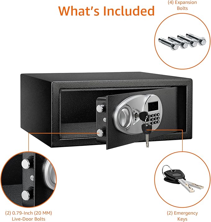 Amazon Basics Steel Security Safe and Lock Box with Programmable Electronic Keypad, Secure for Cash, Jewelry, Documents, Black, 0.7 Cubic Feet, 16.9-x-14.6-x-7.1-inches (WxDxH)