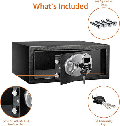 Amazon Basics Steel Security Safe and Lock Box with Programmable Electronic Keypad, Secure for Cash, Jewelry, Documents, Black, 0.7 Cubic Feet, 16.9-x-14.6-x-7.1-inches (WxDxH)