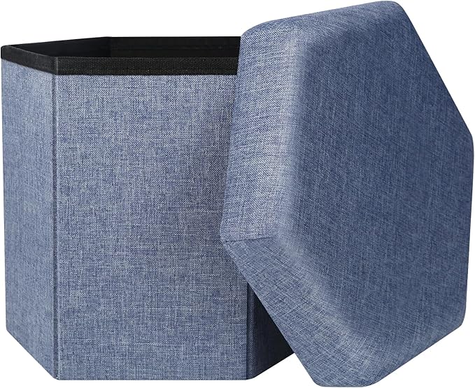 Storage Ottoman,Folding Ottomans with Storage,Linen Ottoman Foot Rest,Foot Stool with Thicker Foam Padded for Living Room,Bedroom,Office,Dorm,287 lb Load Capacity,14x14x13in,Blue