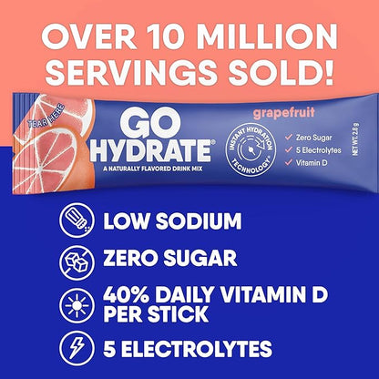 GoHydrate Low Sodium Electrolytes Powder Packets Sugar Free - Instant Hydration Daily Drink Mix - Zero Sugar Water Flavor Packet Singles with Vitamin D - (Grapefruit, 30 Packs)
