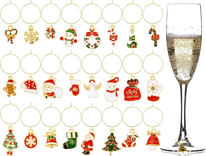 Junkin 24 Pcs Wine Glass Charms Markers Tags for Stem Glasses Drink Markers Wine Charm Ring Identifier for Wedding Bachelorette Tasting Holiday Party Favor Decoration (Vivid Style)